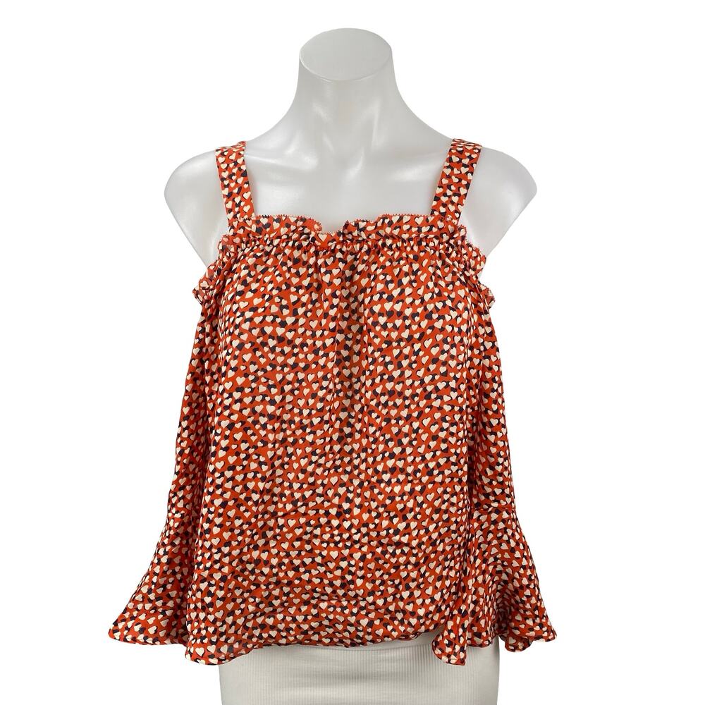 J.Crew Women's Coral 100% Silk Hearts Love Ruffle Cold Shoulder Blouse Top Sz 2